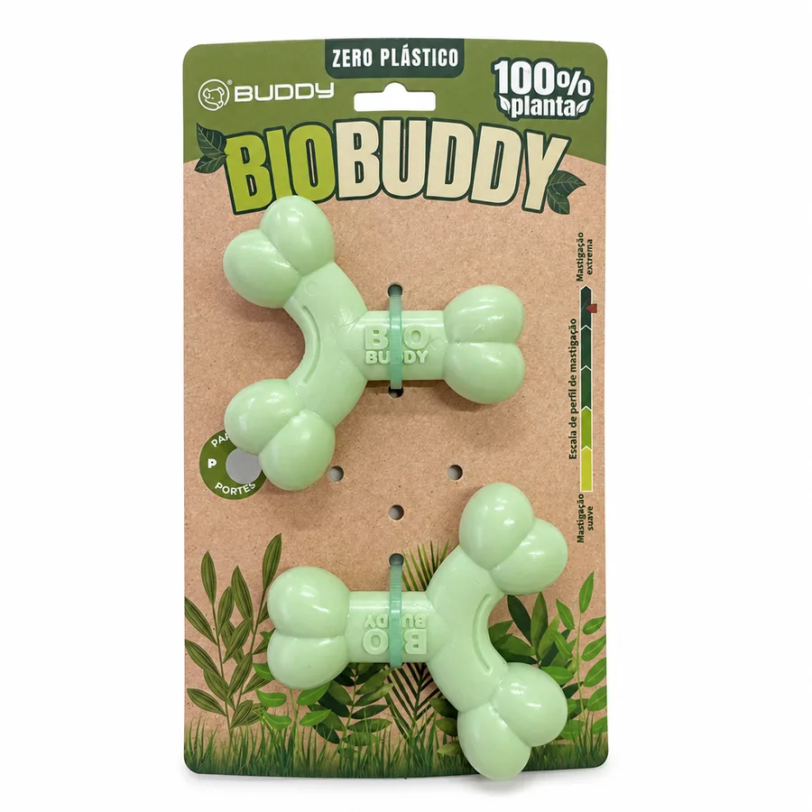 Embalagem do BIOBUDDY Ossinho em cartela kraft com dois mordedores e selo 100% planta