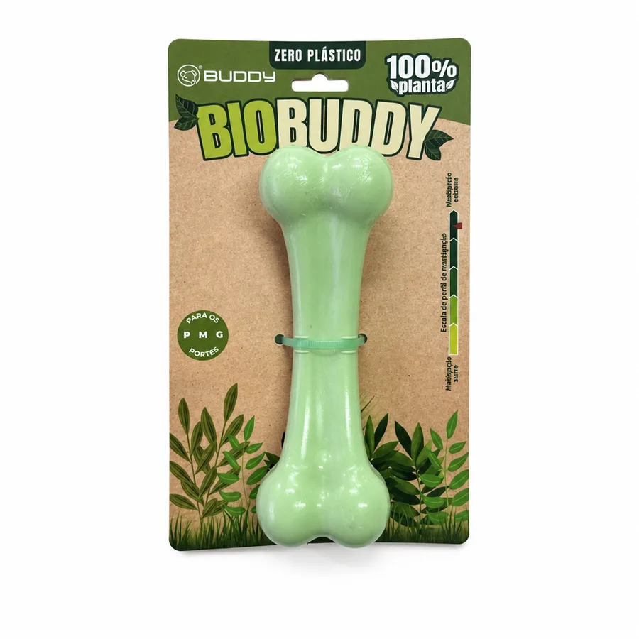 Embalagem do BIOBUDDY Osso em cartela kraft com escala de perfil de mastigação