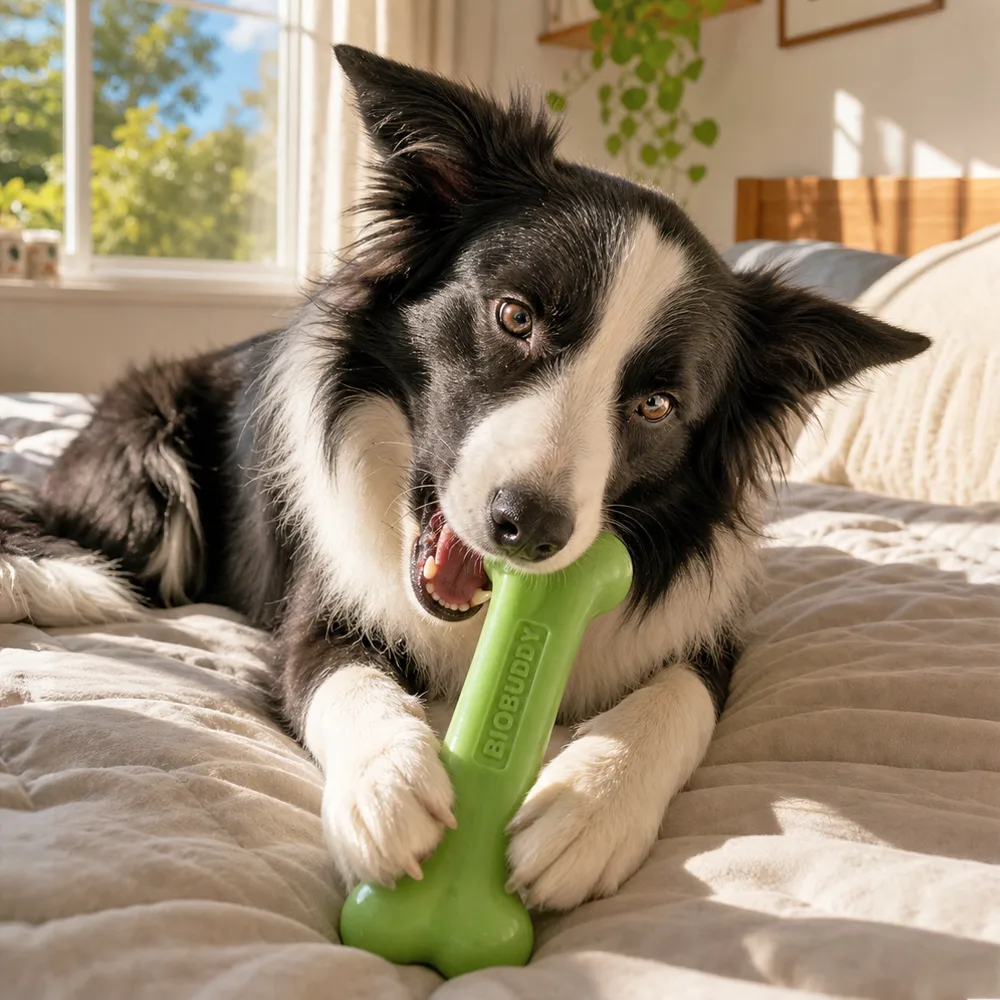 Border collie mordendo o BIOBUDDY sobre a cama