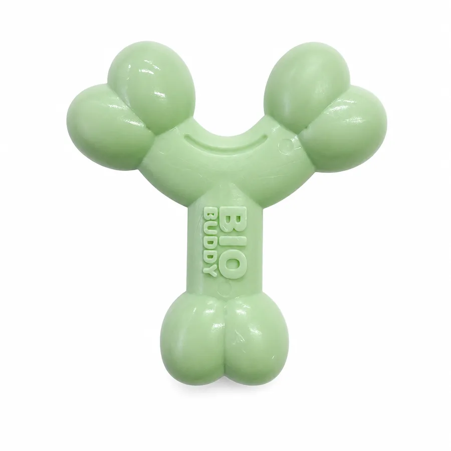Mordedor BIOBUDDY Ossinho verde visto de frente, com a marca em relevo na haste